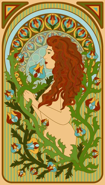 Art Nouveau Beautiful Woman Floral Invitation Card Vector Illustration — Stock Vector