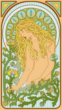 Yeni model sarışın kadın çiçek kartı, vektör illüstrasyonu.