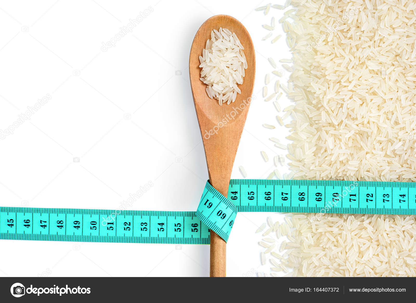Diet! Lose weight! Wooden spoon with tape measure and raw parboiled