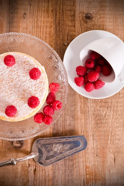 ガラスのトレイにラズベリーのチーズケーキ。ガラスのトレイにラズベリーのチーズケーキ. — ストック写真