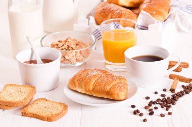 Beyaz çanak üzerinde kruvasan ile Kahvaltı.