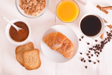 Beyaz çanak üzerinde kruvasan ile Kahvaltı. 