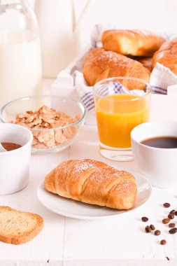 Beyaz çanak üzerinde kruvasan ile Kahvaltı. 