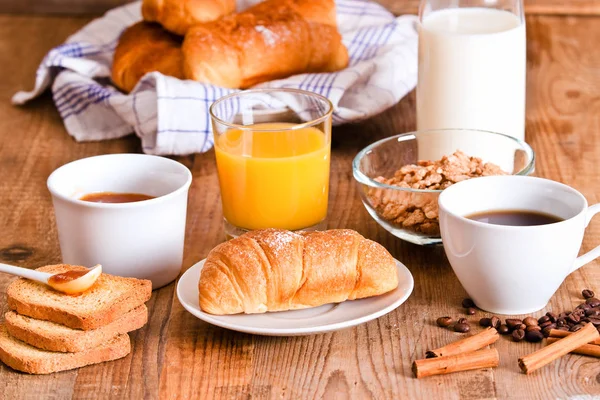 Breakfast with croissants on white dish. — Stock Photo, Image