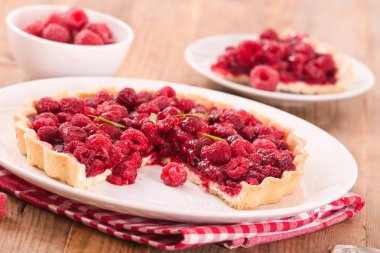 Beyaz çanak üzerinde ahududulu tart.