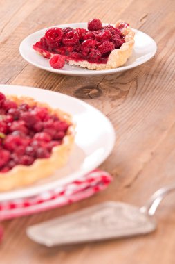 Beyaz çanak üzerinde ahududulu tart.