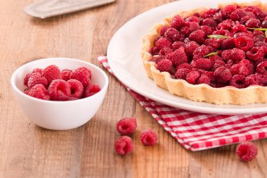 Beyaz çanak üzerinde ahududulu tart. 