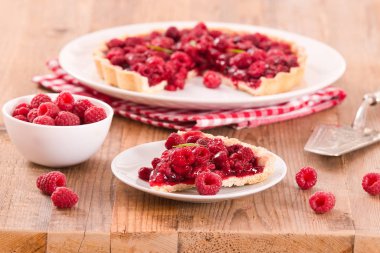 Beyaz çanak üzerinde ahududulu tart. 