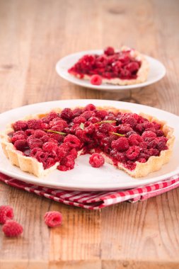 Beyaz çanak üzerinde ahududulu tart. 