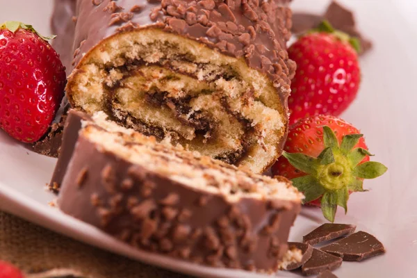 Chocolate Roll Hazelnuts Strawberries — Stock Photo, Image