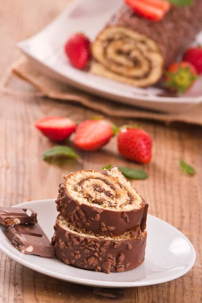 Chocolate Roll Hazelnuts Strawberries — Stock Photo, Image