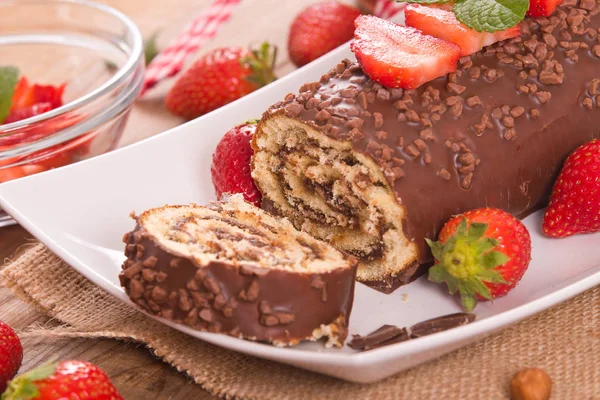 Chocolate Roll Hazelnuts Strawberries — Stock Photo, Image