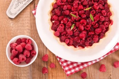 Beyaz çanak üzerinde ahududulu tart. 