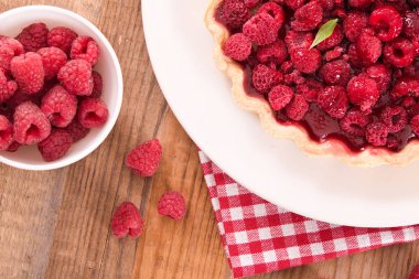 Beyaz çanak üzerinde ahududulu tart. 