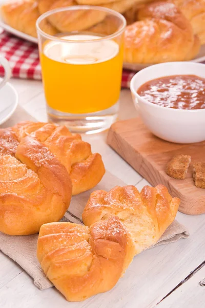 Breakfast Brioches Wooden Table — Stock Photo, Image