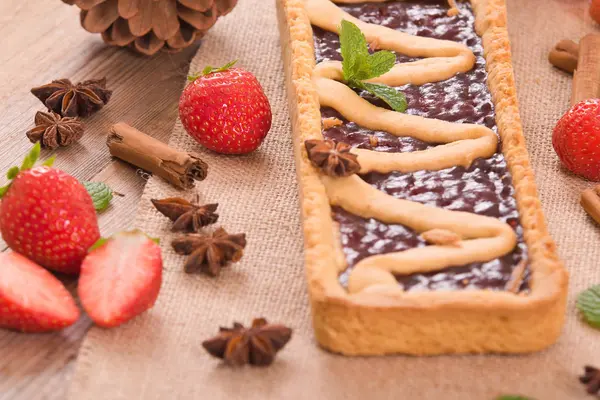 Strawberry Tart Wooden Table — Stock Photo, Image