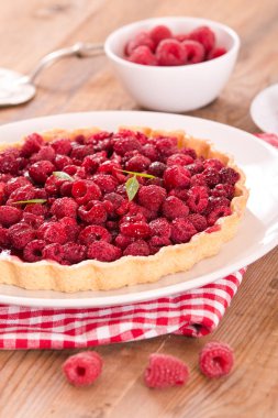 Beyaz çanak üzerinde ahududulu tart. 