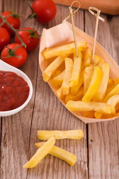French Fries Tomato Sauce Wooden Table — Stock Photo, Image