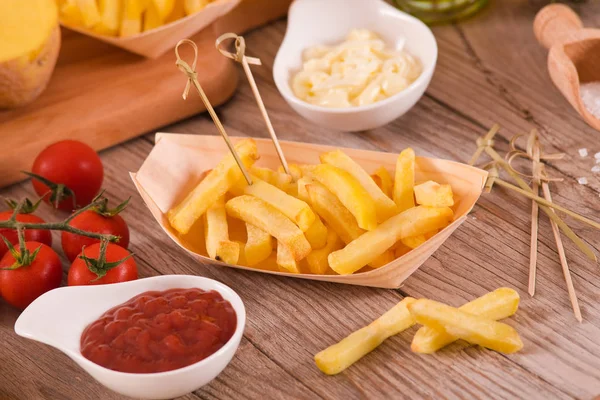 French Fries Ketchup Wooden Table — Stock Photo, Image