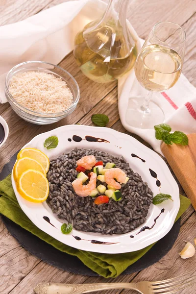 Squid Ink Risotto Prawns Vegetables — Stock Photo, Image