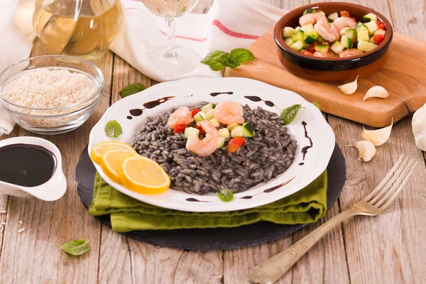 Squid Ink Risotto Vegetables White Dish — Stock Photo, Image