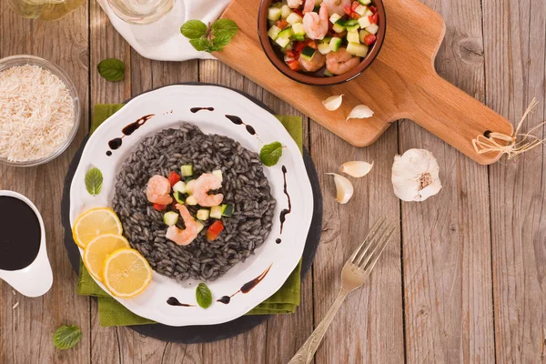 Squid Ink Risotto Vegetables White Dish — Stock Photo, Image