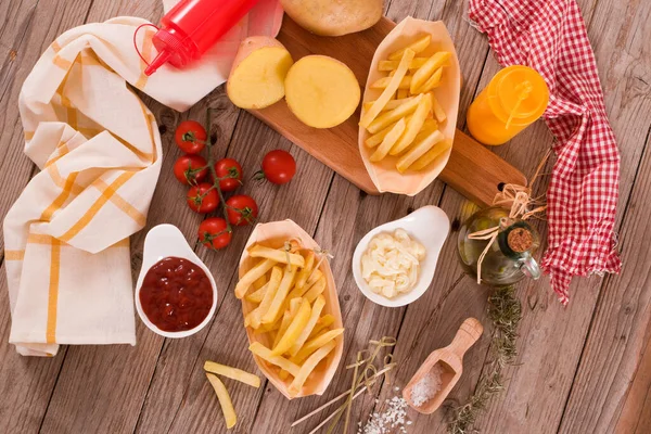 French Fries Sauces Wooden Table — Stock Photo, Image