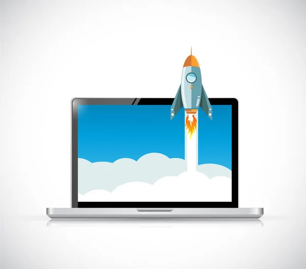 Laptop computer screen and rocket — Stock Photo, Image