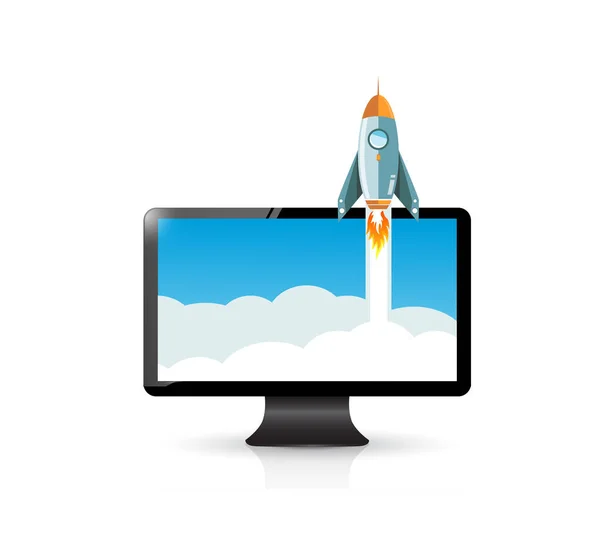 Bilgisayar ekranı ve roket — Stok fotoğraf