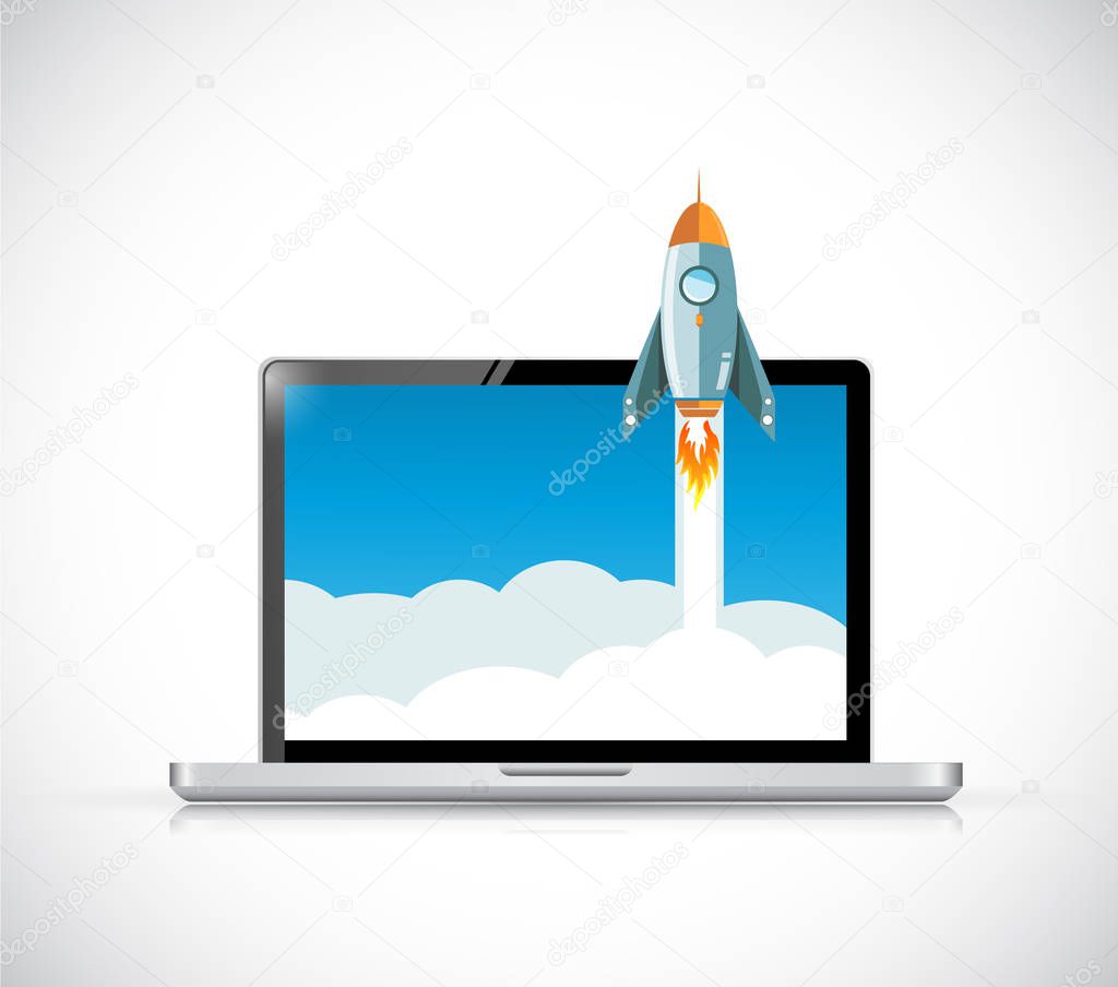 laptop computer screen and rocket