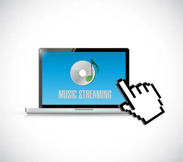 Concepto de computadora, cursor de mano y streaming de música — Foto de Stock