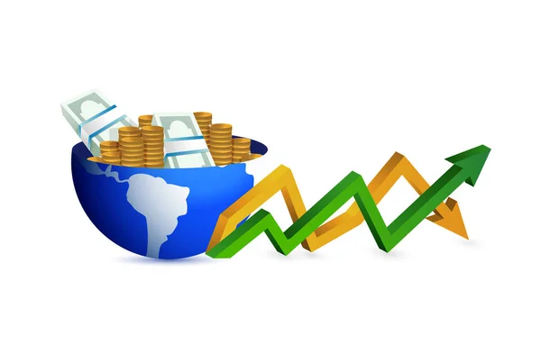 Geld globe op en neer business pijl grafiek — Stockfoto