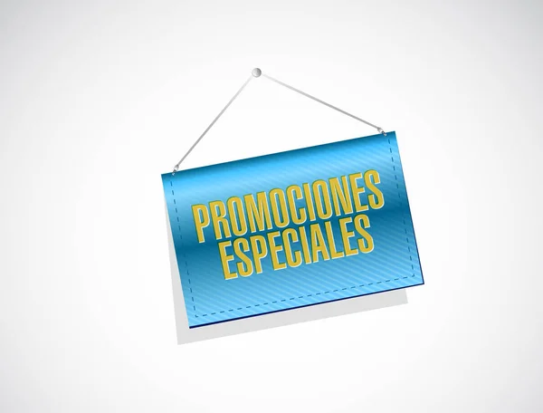 Promoções especiais em espanhol pendurado signo conceito — Fotografia de Stock