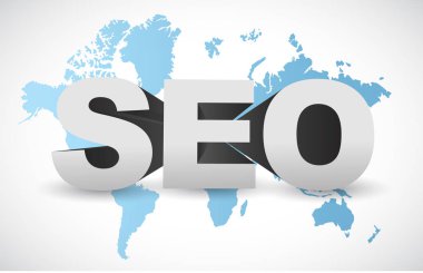 SEO işareti illüstrasyon mavi dünya haritası üzerinde