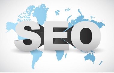 SEO işareti illüstrasyon mavi dünya haritası üzerinde