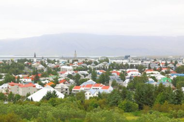 Reykjavik, liman ve ufuk çizgisi ile Izlanda havadan görünümü