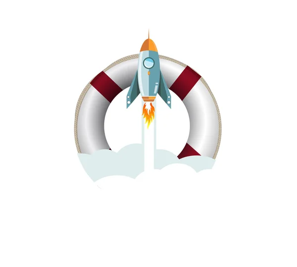 Sos lifebuoy flying rocket help concept — Stock Photo, Image