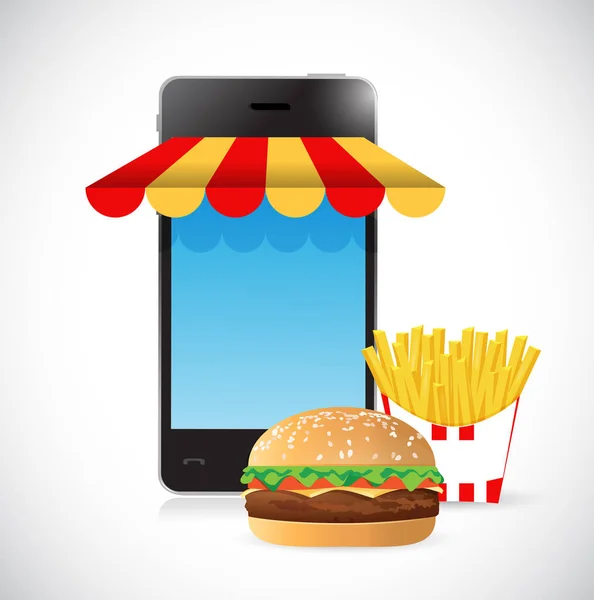 Ordinare hamburger e patatine fritte online. concetto mobile — Foto Stock