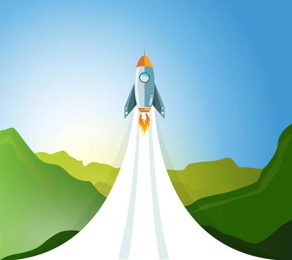 Raket Vliegen Van Een Groene Berglandschap Snelheid Technologie Concept — Stockfoto