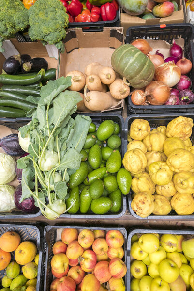 Top view of selections of healthy fruits and vegetables 