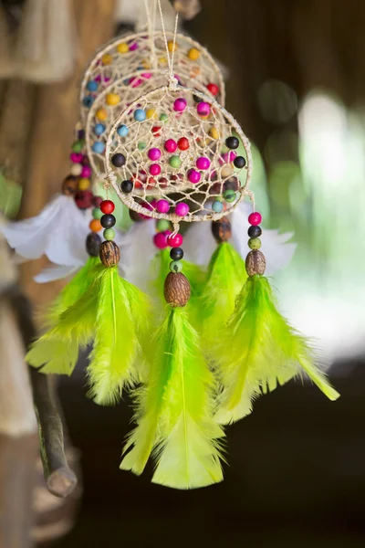 Brincos artesanais projetados com penas coloridas no Brasil touri — Fotografia de Stock