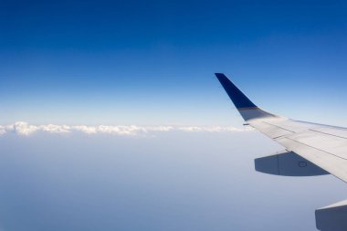 Arka planda kristal mavi gökyüzü ve kopyalama alanı olan bulutların olduğu jet uçağı kanadının görüntüsü.
