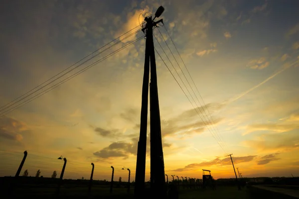 波兰Krakow附近的奥斯威辛Ii Birkenau集中营铁丝网围栏和电缆的轮廓 — 图库照片