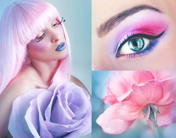 Modelo con pelo rosa y maquillaje creativo — Foto de Stock