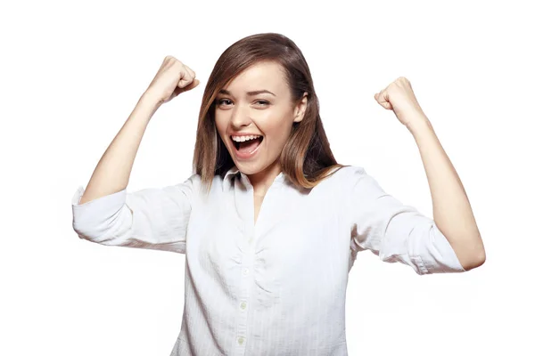 Young woman with raised hands — Stock Photo, Image