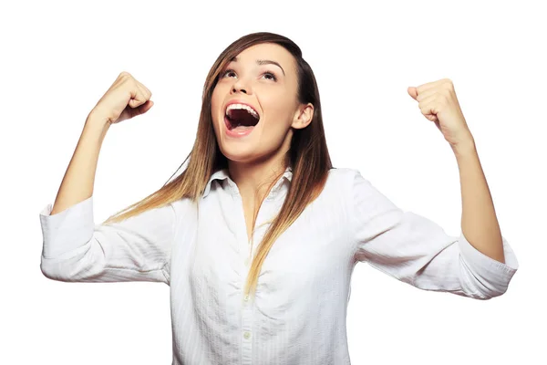 Businesswoman with raised hands — Stock Photo, Image