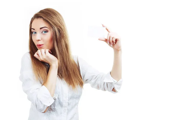 Woman holding business card — Stock Photo, Image