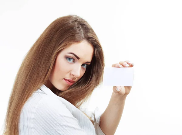 Mulher segurando cartão de visita — Fotografia de Stock