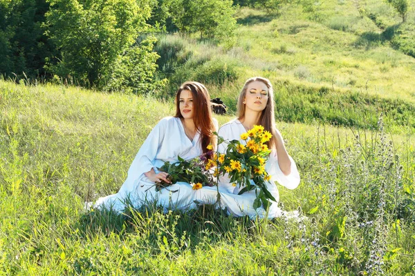 Dames in het wit jurken zitten in de weide — Stockfoto