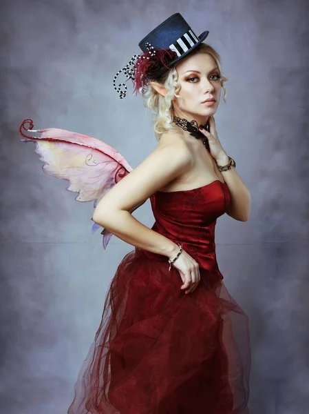 Fairy Elf Czerwony Kapeluszu Fansy Tle Niebieski Fantasy — Zdjęcie stockowe